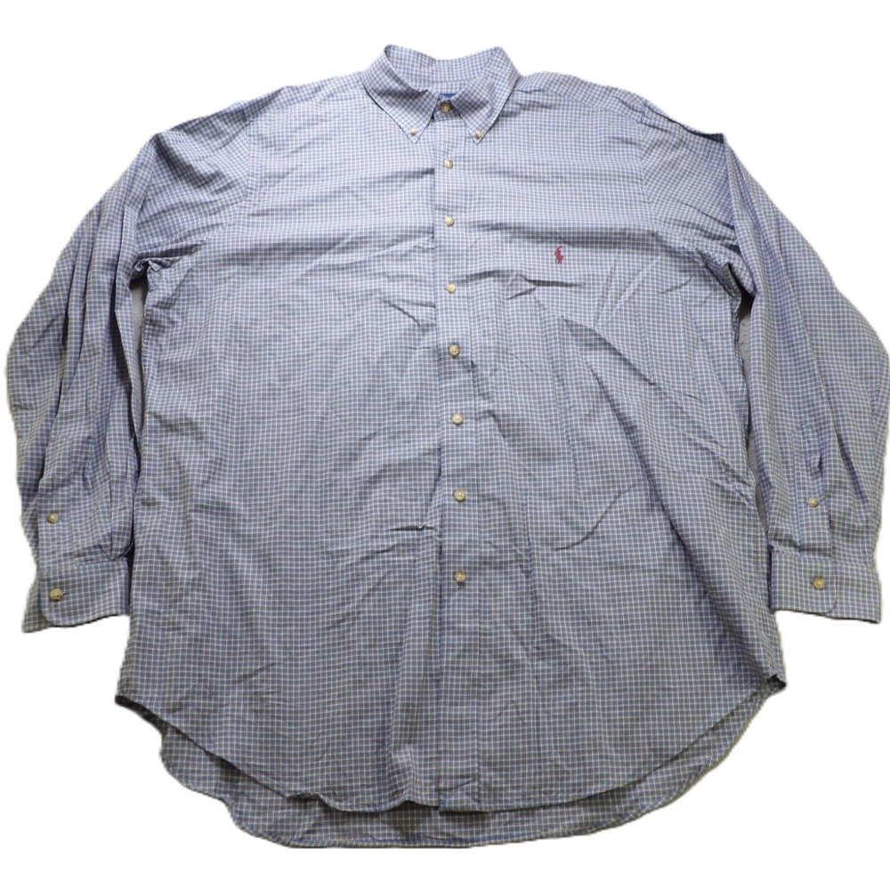 Ralph Lauren Men Plaid Button Down Shirt Blue Long Sleeve Cotton Tall XLT Casual